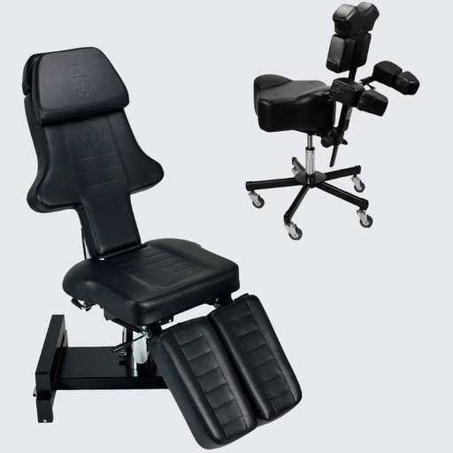 InkBed™ & InkStool™ Client & Artist Package in black, featuring a fully adjustable InkBed™ and InkStool™, designed for comfort and functionality for both clients and artists in professional tattoo studios.